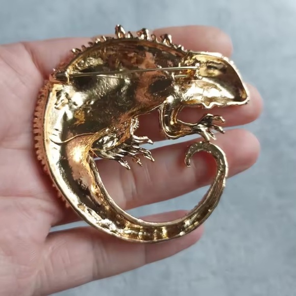 Gothic Gold Lizard Jeweled Reptile with Aqua Crystal Spikes - Picture 8 of 8